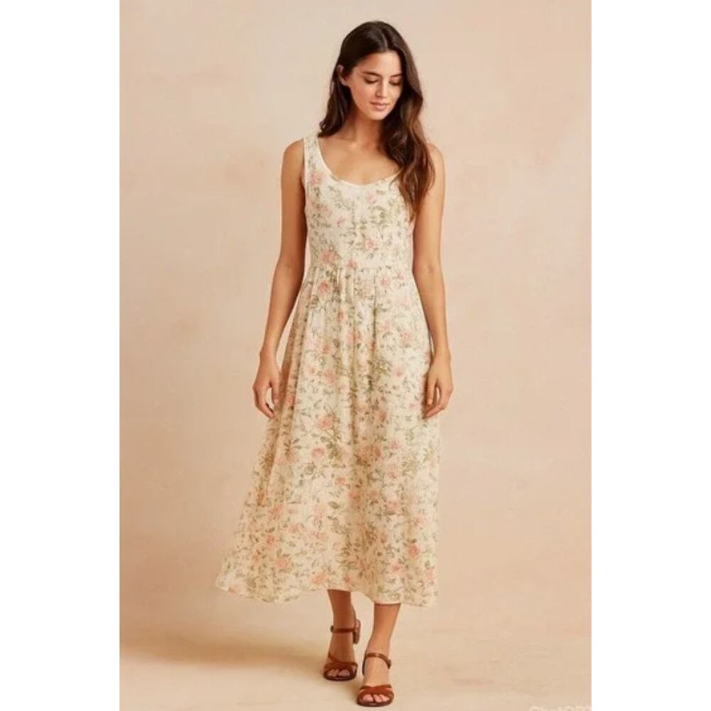 Frye white floral midi sleeveless prairie cottagecore dress sz L - Picture 3 of 12